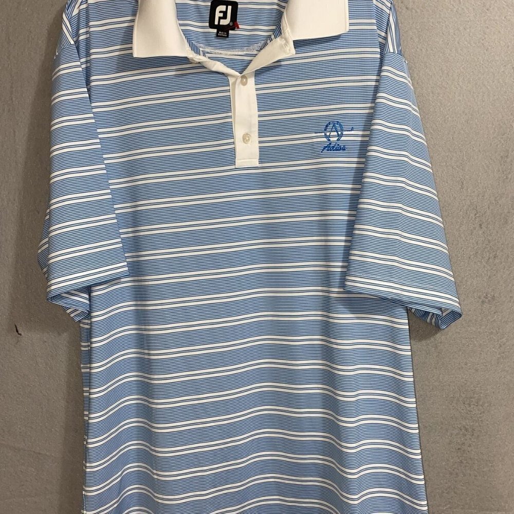 FJ Footjoy‎ Men's Golf  Blue Stripes Short Sleeve Polo Shirt  ADIOS LOGO SZ XL